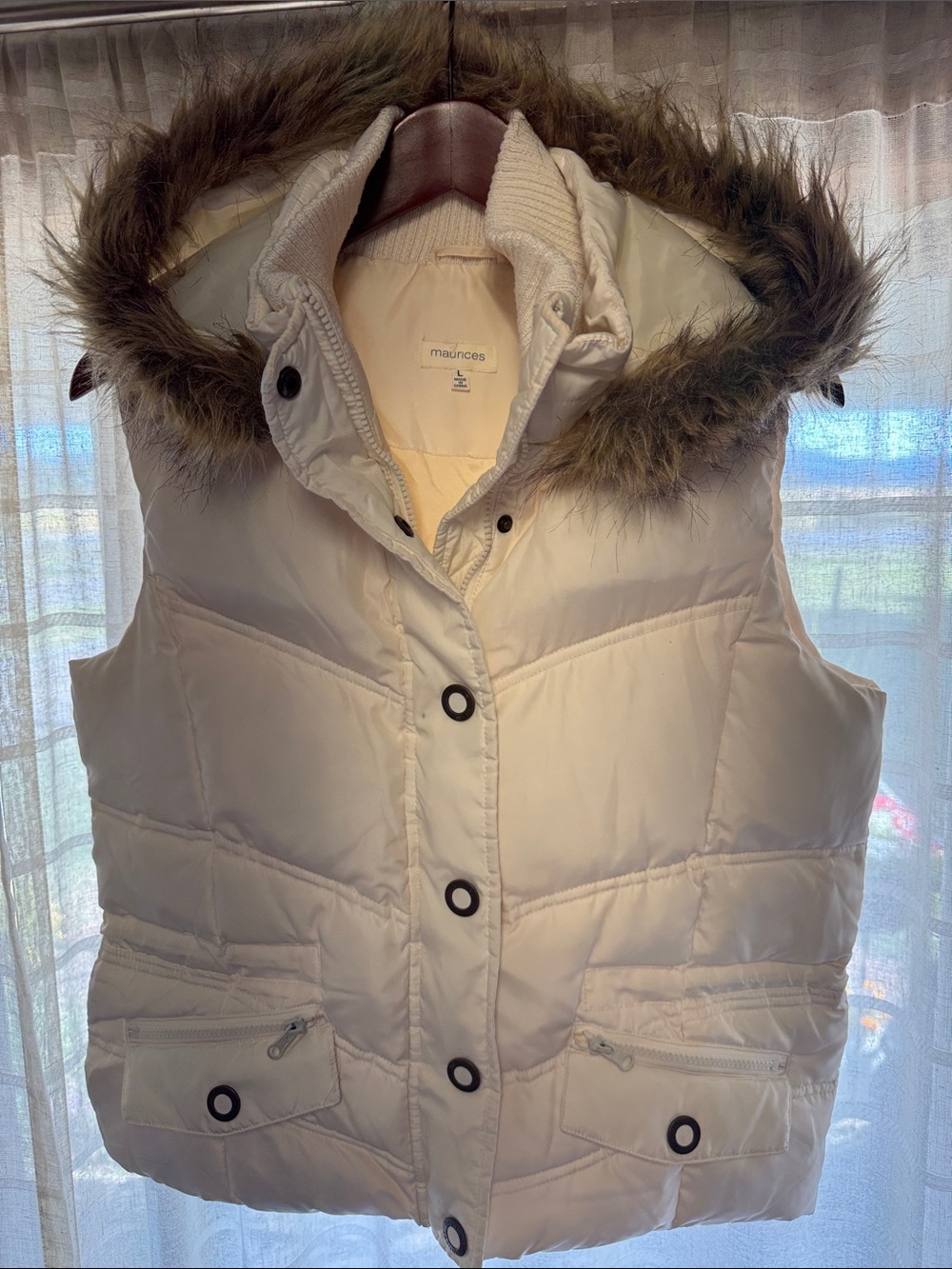 Maurices Cream Puffer Vest with Faux Fur-Trim Hood